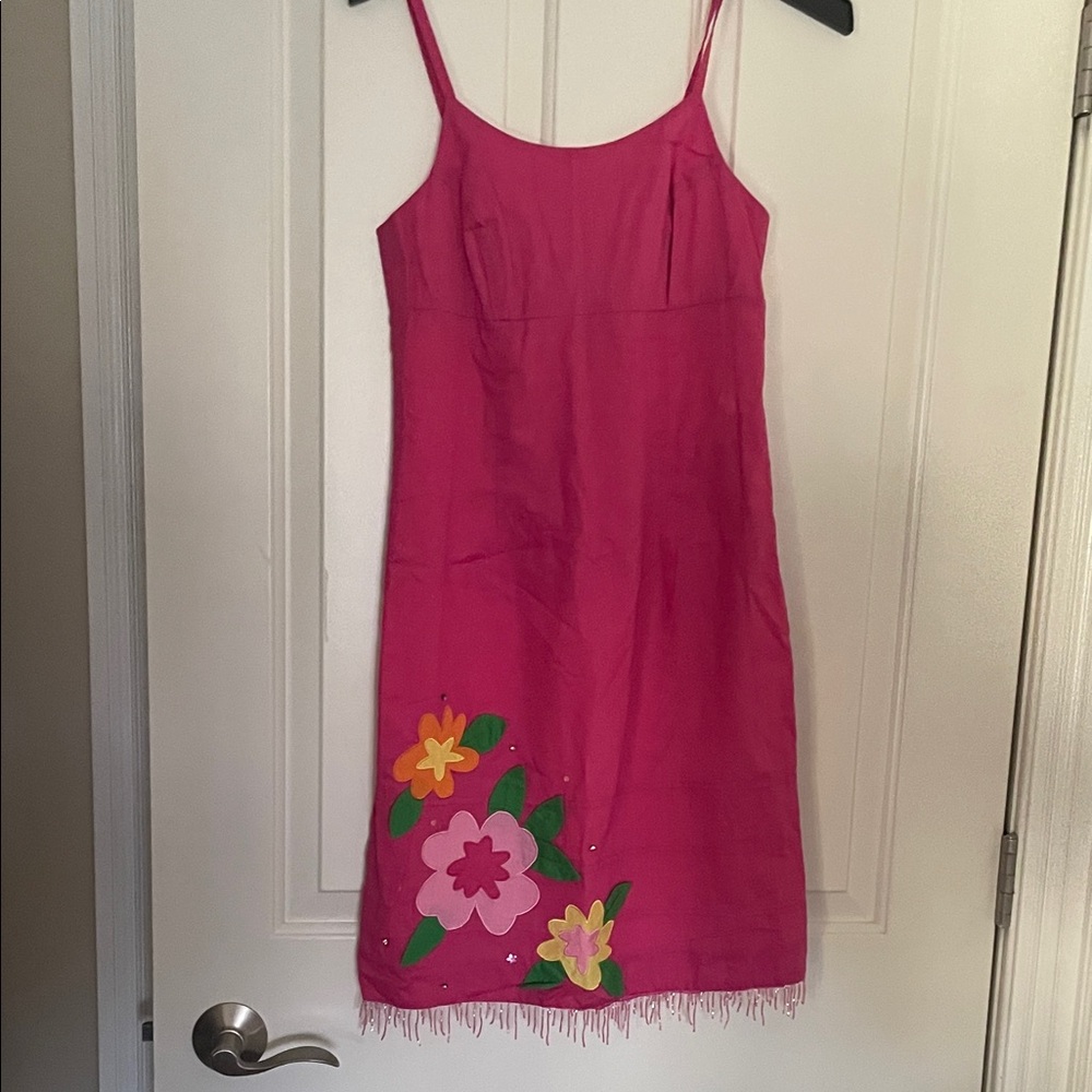 Vintage Lilly Pulitzer Pink Floral Dress with beaded Fringe appliqué flowers